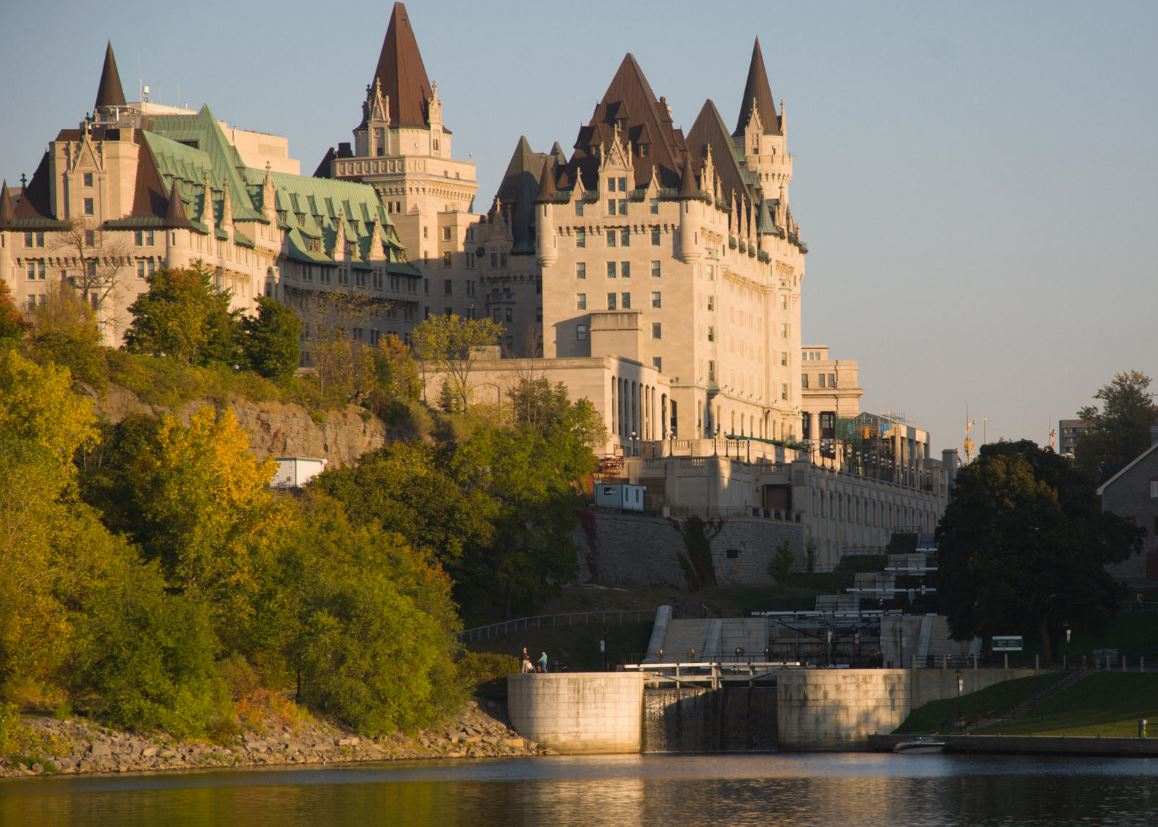 Fairmont Château Laurier at sunset above the Rideau Canal locks, Ottawa